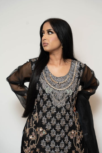Black Heavy Embellished Organza
